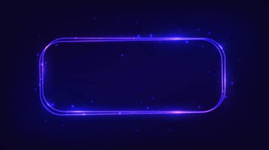 Neon çift yuvarlak dikdörtgen çerçeve, parlak efektler ve koyu arkaplanda parıltılar. Boş parlayan tekno fon. Vektör illüstrasyonu