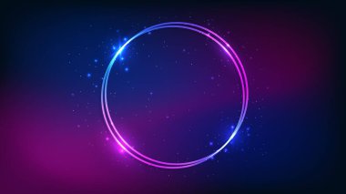 Neon çift yuvarlak çerçeve, parlak efektler ve koyu arkaplanda parıltılar. Boş parlayan tekno fon. Vektör illüstrasyonu