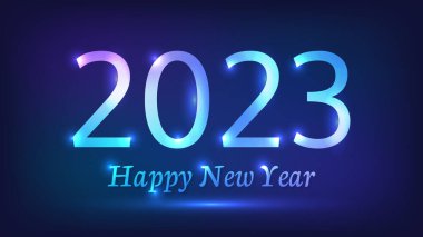 2023 Mutlu Yıllar Neon geçmişi. Noel tebrik kartı, el ilanı ya da posterleri için ışıkları olan soyut neon fon. Vektör illüstrasyonu