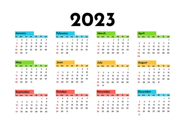 Salendář Pro Rok 2023 Izolovaný Bílém Pozadí Neděle Pondělí Obchodní — Stockový vektor