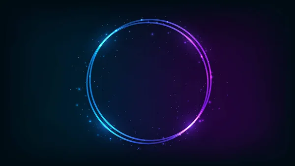 Neon Dubbel Rund Ram Med Lysande Effekter Och Gnistrar Mörk — Stock vektor