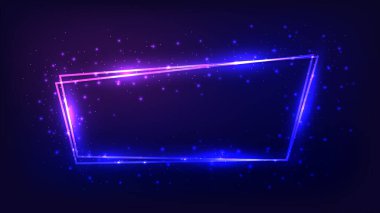 Parlak efektleri ve koyu arkaplanda parıltıları olan neon çift çerçeve. Boş parlayan tekno fon. Vektör illüstrasyonu