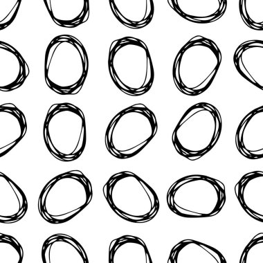 Kusursuz desenli, el çizimi, beyaz zemin üzerine çizilmiş karalama çemberleri. Soyut grunge dokusu. Vektör illüstrasyonu