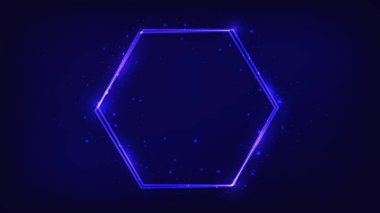 Parlak efektleri ve koyu arkaplanda parıltıları olan neon çift altıgen çerçeve. Boş parlayan tekno fon. Vektör illüstrasyonu