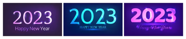 2023 Ευτυχισμένο Νέο Έτος Νέον Φόντο Σύνολο Από Τρία Αφηρημένα — Διανυσματικό Αρχείο