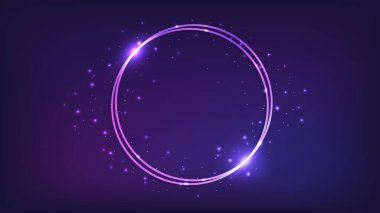 Neon çift yuvarlak çerçeve, parlak efektler ve koyu arkaplanda parıltılar. Boş parlayan tekno fon. Vektör illüstrasyonu