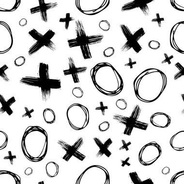 Siyah eli çapraz çizilmiş kusursuz desen ve beyaz arka planda daire şeklinde şekiller. Soyut grunge dokusu. Vektör illüstrasyonu