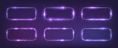 Altı neon yuvarlak dikdörtgen çerçeve seti. Parlak efektler ve koyu arkaplanda parıltılar. Boş parlayan tekno fon. Vektör illüstrasyonu