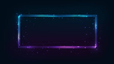 Neon çift dikdörtgen çerçeve, parlak efektler ve koyu arkaplanda parıltılar. Boş parlayan tekno fon. Vektör illüstrasyonu