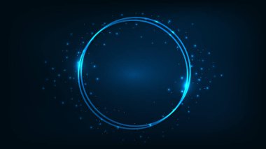 Neon çift yuvarlak çerçeve, parlak efektler ve koyu arkaplanda parıltılar. Boş parlayan tekno fon. Vektör illüstrasyonu