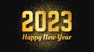 2023 Mutlu Yıllar Altın Özgeçmişi. Noel tatili tebrik kartı, broşür ya da posterler için karanlığa altın yazılı soyut arkaplan. Vektör illüstrasyonu