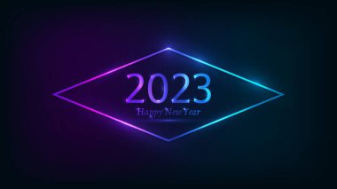 2023 Mutlu Yıllar Neon geçmişi. Neon eşkenar dörtgen çerçeve Noel tebrik kartı, el ilanı ya da posterleri için ışıltılı efektler. Vektör illüstrasyonu