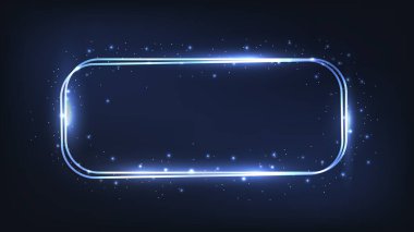 Neon çift yuvarlak dikdörtgen çerçeve, parlak efektler ve koyu arkaplanda parıltılar. Boş parlayan tekno fon. Vektör illüstrasyonu