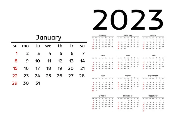 Calendario Para 2023 Aislado Sobre Fondo Blanco Domingo Lunes Plantilla — Vector de stock