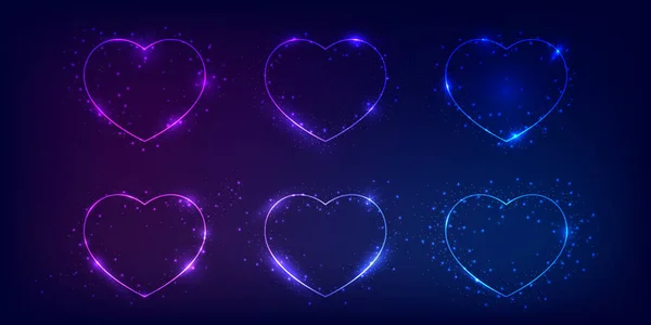 Set Sei Cornici Neon Forma Cuore Con Effetti Brillanti Scintille — Vettoriale Stock