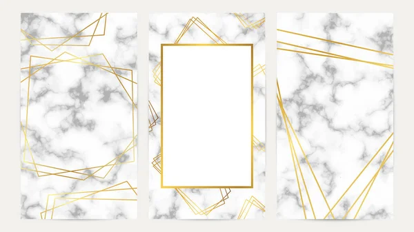 Sett Med Gylne Geometriske Rammer Marmortekstur Luksusmal Bryllupskort Banner Løpeseddel – stockvektor