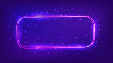 Neon çift yuvarlak dikdörtgen çerçeve, parlak efektler ve koyu arkaplanda parıltılar. Boş parlayan tekno fon. Vektör illüstrasyonu