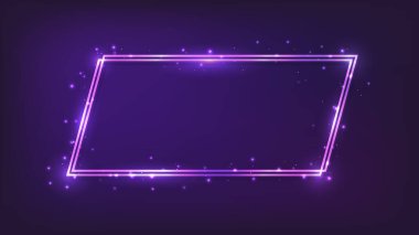 Neon dörtlü çerçeve, parlak efektler ve koyu arkaplanda parıltılar. Boş parlayan tekno fon. Vektör illüstrasyonu
