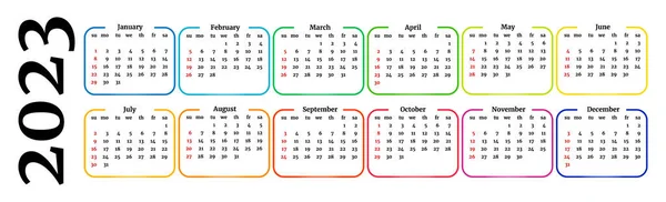 Horizontal Calendar 2023 Isolated White Background Sunday Monday Business Template — Vector de stock