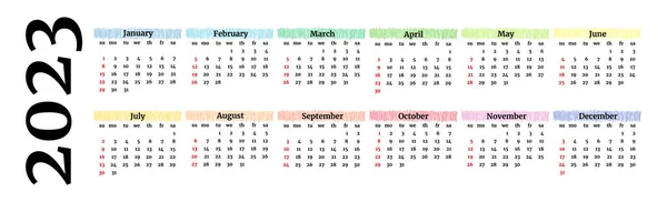Horizontal Calendar 2023 Isolated White Background Sunday Monday Business Template — Vetor de Stock