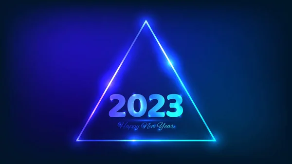 2023新年快乐的背景 霓虹灯三角相框 圣诞假期贺卡 传单或海报都有闪亮效果 矢量说明 — 图库矢量图片