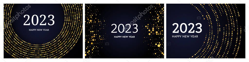 2023 Happy New Year of gold glitter pattern in circle form. Set of three abstract gold glowing halftone dotted backgrounds for Christmas holiday greeting card on dark background. Vector illustration