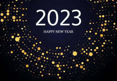 2023 Mutlu Yeni Yıl Altın Parıltısı Şablonu daire şeklinde. Soyut altın rengi, yarım tonlu, koyu arkaplandaki Noel tebrik kartı için noktalı arkaplan. Vektör illüstrasyonu