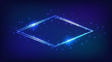 Neon çift eşkenar dörtlü çerçeve, parlak efektler ve koyu arkaplanda parıltılar. Boş parlayan tekno fon. Vektör illüstrasyonu