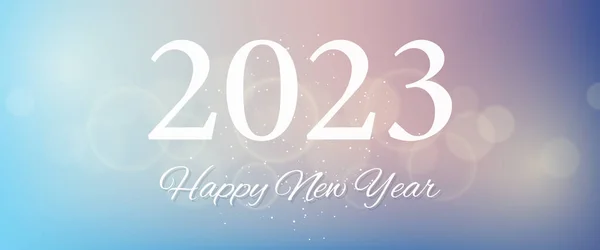 Bulanık arka planda 2023 yılınız kutlu olsun. Arkaplanda beyaz numaralar, konfeti, bokeh ve lens fişeği var. Vektör illüstrasyonu