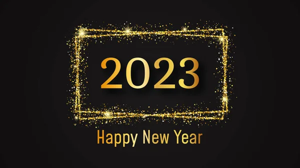 2023 Szczęśliwego Nowego Roku Złoty Napis Złotym Brokatowym Prostokącie Świąteczną — Wektor stockowy
