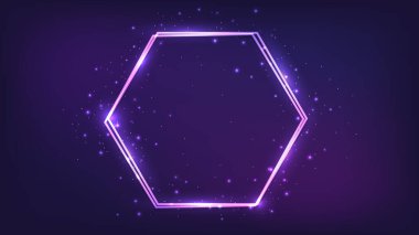 Parlak efektleri ve koyu arkaplanda parıltıları olan neon çift altıgen çerçeve. Boş parlayan tekno fon. Vektör illüstrasyonu