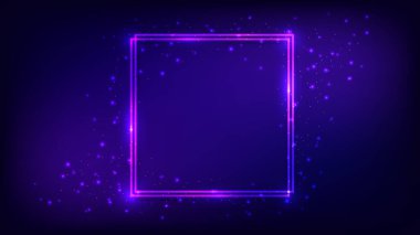 Parlak efektleri ve koyu arkaplanda parıltıları olan neon çift kare çerçeve. Boş parlayan tekno fon. Vektör illüstrasyonu
