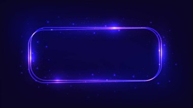 Neon çift yuvarlak dikdörtgen çerçeve, parlak efektler ve koyu arkaplanda parıltılar. Boş parlayan tekno fon. Vektör illüstrasyonu