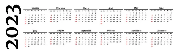 Horizontal Calendar 2023 Isolated White Background Sunday Monday Business Template — Stockvektor