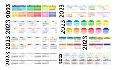 2023 için sekiz yatay takvim seti beyaz arka planda izole edildi. Pazardan pazartesiye, iş planı. Vektör illüstrasyonu