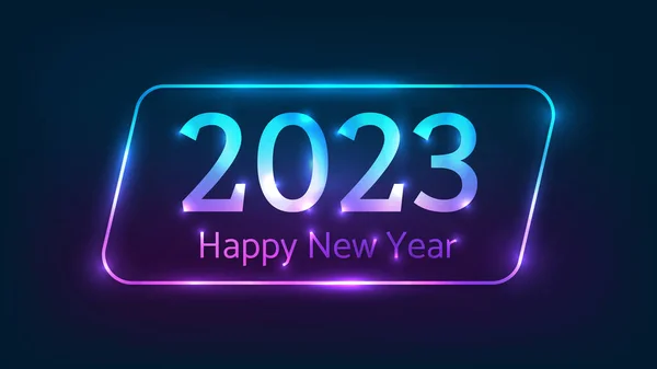 2023 Mutlu Yıllar Neon geçmişi. Neon, noel bayramı tebrik kartı, el ilanı ve posterleri için ışıltılı efektlerle paralelkenarlı çerçeve oluşturdu. Vektör illüstrasyonu