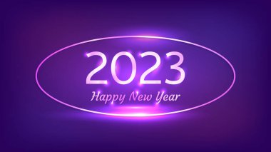 2023 Mutlu Yıllar Neon geçmişi. Noel tebrik kartı, el ilanı ve posterleri için parlak efektleri olan neon oval çerçeve. Vektör illüstrasyonu