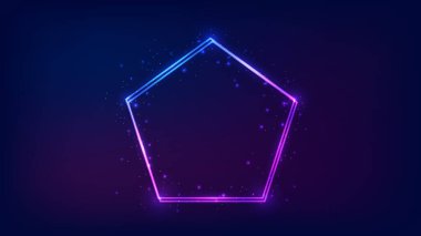 Pentagon formunda neon çift çerçeve, parlak efektler ve koyu arkaplanda parıltılar. Boş parlayan tekno fon. Vektör illüstrasyonu