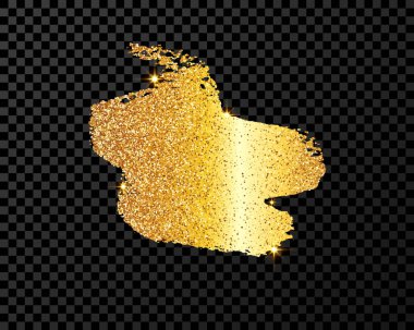 Altın yaldızlı fırça darbesi. El çizimi mürekkep lekesi koyu şeffaf arkaplanda izole edilmiş. Vektör illüstrasyonu