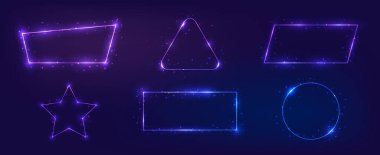 Farklı geometrik formlarda altı neon çerçeve seti. Parlak efektler ve koyu arkaplanda parıltılar. Boş parlayan tekno fon. Vektör illüstrasyonu