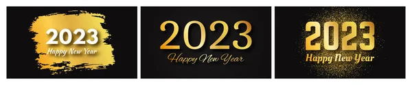 2023 Happy New Year Gold Background Set Three Abstract Gold — Stock vektor