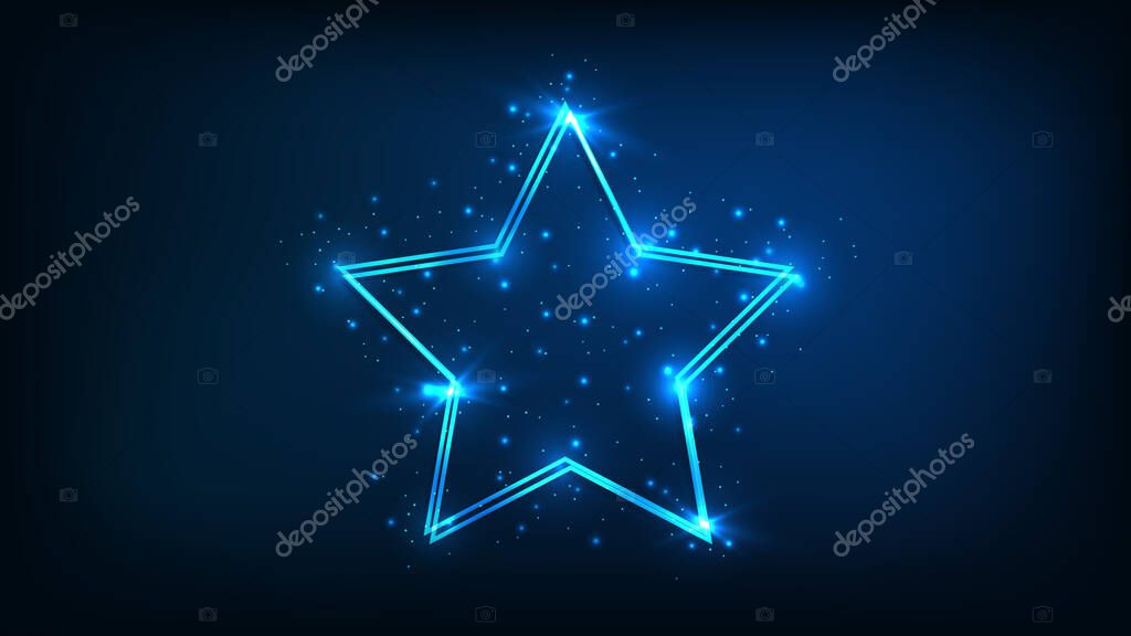 Neon double star frame with shining effects and sparkles on dark background. Empty glowing techno backdrop. Vector illustration