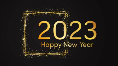 2023 mutlu yıllar. Noel tebrik kartı, broşür ya da posterler için altın simli bir karede altın yazılıydı. Vektör illüstrasyonu