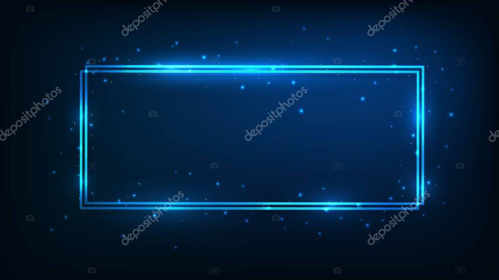 Neon double rectangular frame with shining effects and sparkles on dark background. Empty glowing techno backdrop. Vector illustration