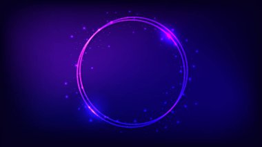 Neon çift yuvarlak çerçeve, parlak efektler ve koyu arkaplanda parıltılar. Boş parlayan tekno fon. Vektör illüstrasyonu