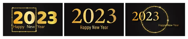 2023 Ευτυχισμένο Νέο Έτος Φόντο Χρυσό Σύνολο Από Τρία Αφηρημένα — Διανυσματικό Αρχείο