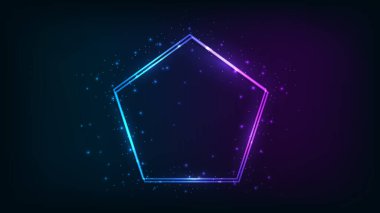 Pentagon formunda neon çift çerçeve, parlak efektler ve koyu arkaplanda parıltılar. Boş parlayan tekno fon. Vektör illüstrasyonu