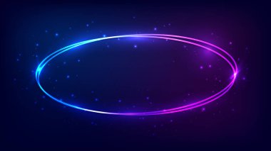 Parlak efektleri ve koyu arkaplanda parıltıları olan neon oval çerçeve. Boş parlayan tekno fon. Vektör illüstrasyonu