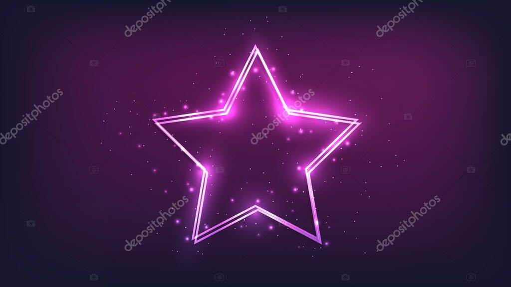 Neon double star frame with shining effects and sparkles on dark background. Empty glowing techno backdrop. Vector illustration