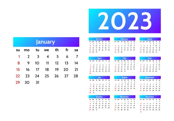 Kalendarz 2023 Izolowany Białym Tle Niedzieli Poniedziałku Szablon Biznesowy Ilustracja — Wektor stockowy